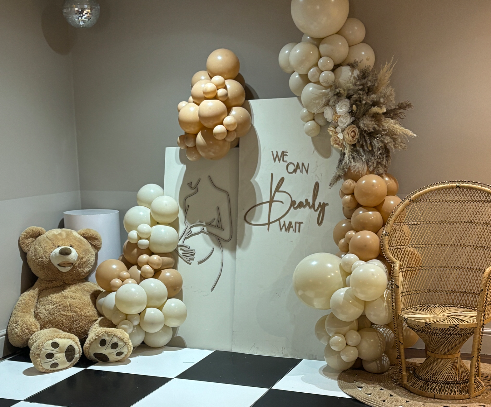 Baby shower balloon decor with blue and white theme in South London